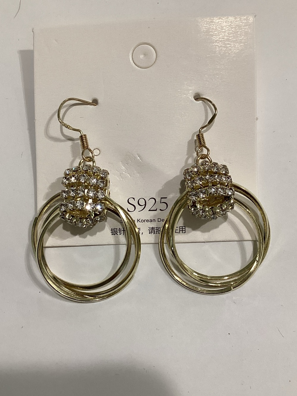 Fashion Jewelry Gold Double Hoop Drop Earrings with Crystal Cluster